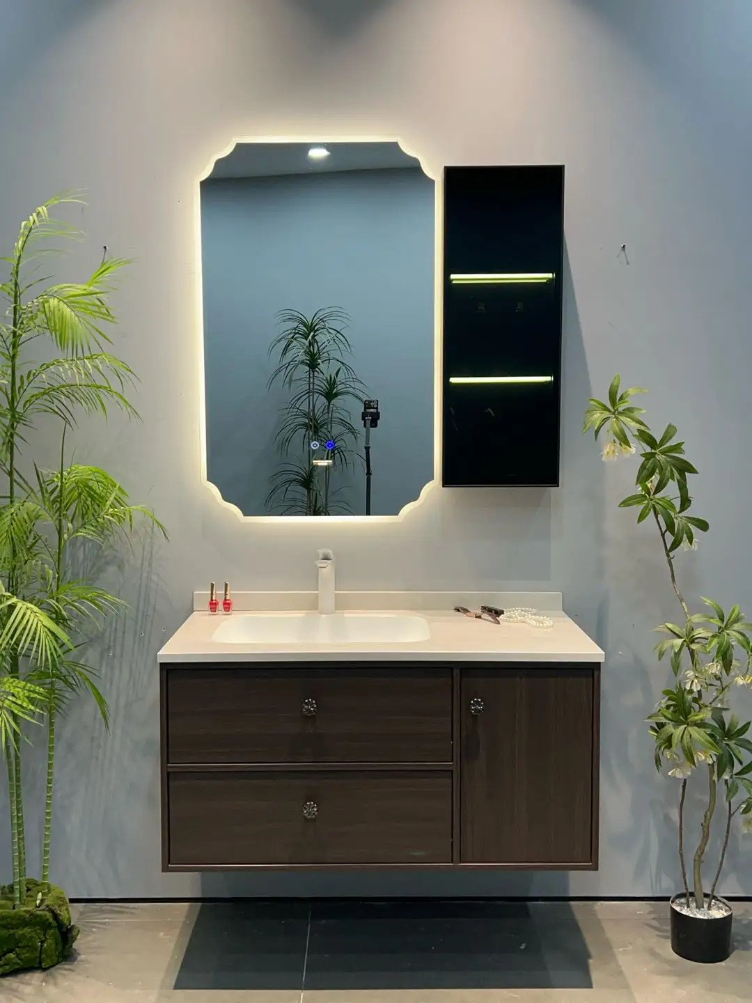 S601 dark walnut wall-hung bathroom vanity with integrated basin and LED mirror